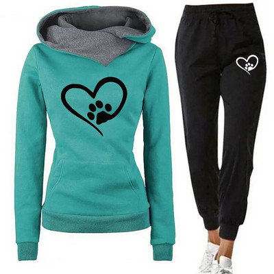 Costum sport din două piese ținută sport cu imprimeu inimă Hanorac cu glugă pentru femei Set pantaloni de jogging pentru toamnă iarnă fitness cu față