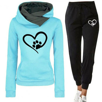 Costum sport din două piese ținută sport cu imprimeu inimă Hanorac cu glugă pentru femei Set pantaloni de jogging pentru toamnă iarnă fitness cu față
