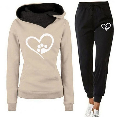 Costum sport din două piese ținută sport cu imprimeu inimă Hanorac cu glugă pentru femei Set pantaloni de jogging pentru toamnă iarnă fitness cu față
