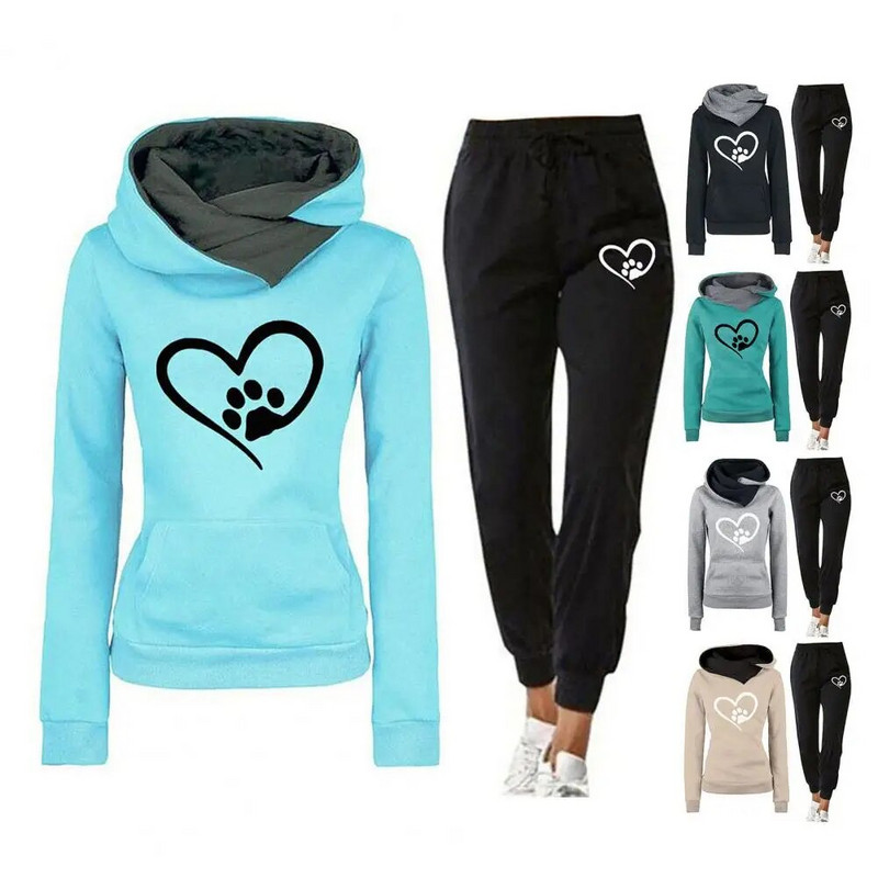 Kaheosaline sportlik ülikond, südameprint, spordivarustus, naiste kapuutsiga dressipluus Jogger pükste komplekt sügistalviseks fitnessiks, esiosaga
