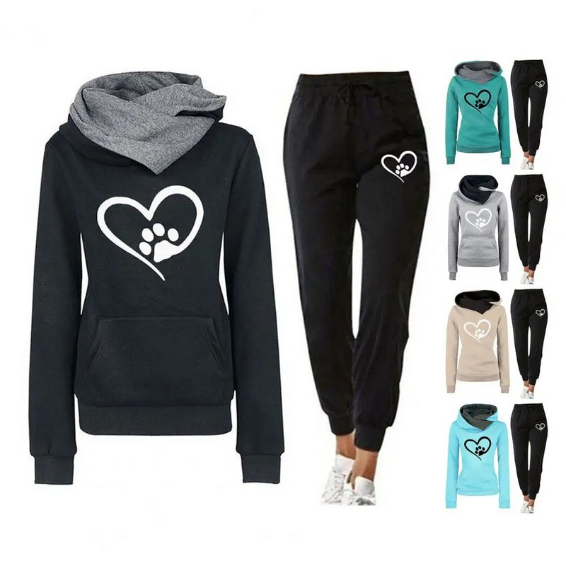 Kaheosaline sportlik ülikond, südameprint, spordivarustus, naiste kapuutsiga dressipluus Jogger pükste komplekt sügistalviseks fitnessiks, esiosaga