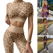 Costum de yoga fără cusături, costume de fitness pentru femei, cu imprimeu leopard, cu mânecă scurtă, pantaloni strânși, cu ridicare la șold, set de yoga pentru femei, costume sport