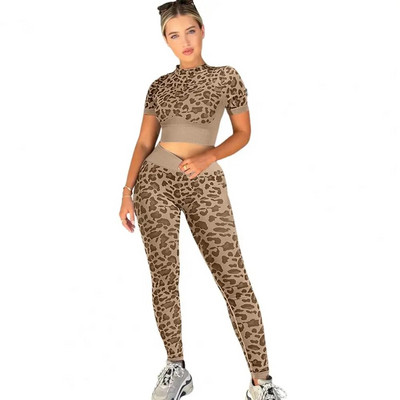 Costum de yoga fără cusături, costume de fitness pentru femei, cu imprimeu leopard, cu mânecă scurtă, pantaloni strânși, cu ridicare la șold, set de yoga pentru femei, costume sport