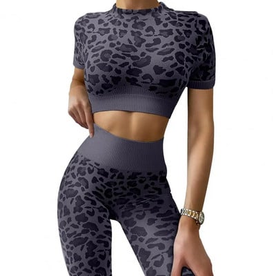 Costum de yoga fără cusături, costume de fitness pentru femei, cu imprimeu leopard, cu mânecă scurtă, pantaloni strânși, cu ridicare la șold, set de yoga pentru femei, costume sport