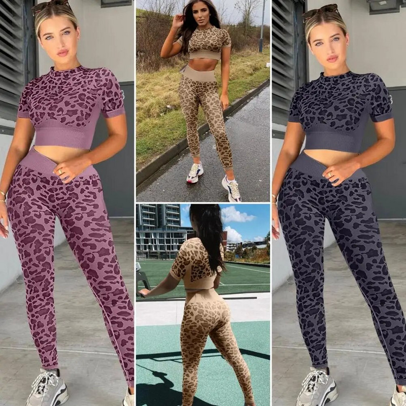 Costum de yoga fără cusături, costume de fitness pentru femei, cu imprimeu leopard, cu mânecă scurtă, pantaloni strânși, cu ridicare la șold, set de yoga pentru femei, costume sport