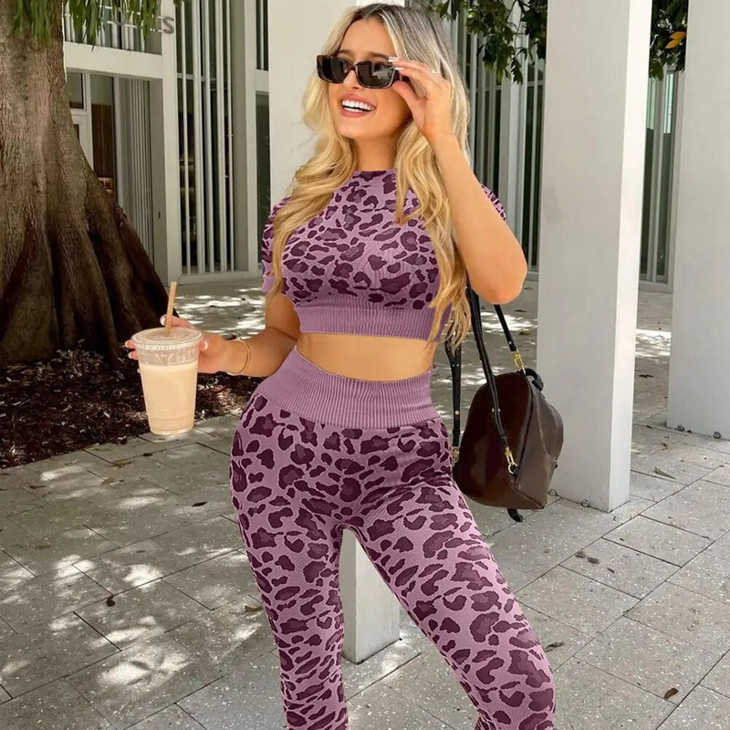 Costum de yoga fără cusături, costume de fitness pentru femei, cu imprimeu leopard, cu mânecă scurtă, pantaloni strânși, cu ridicare la șold, set de yoga pentru femei, costume sport