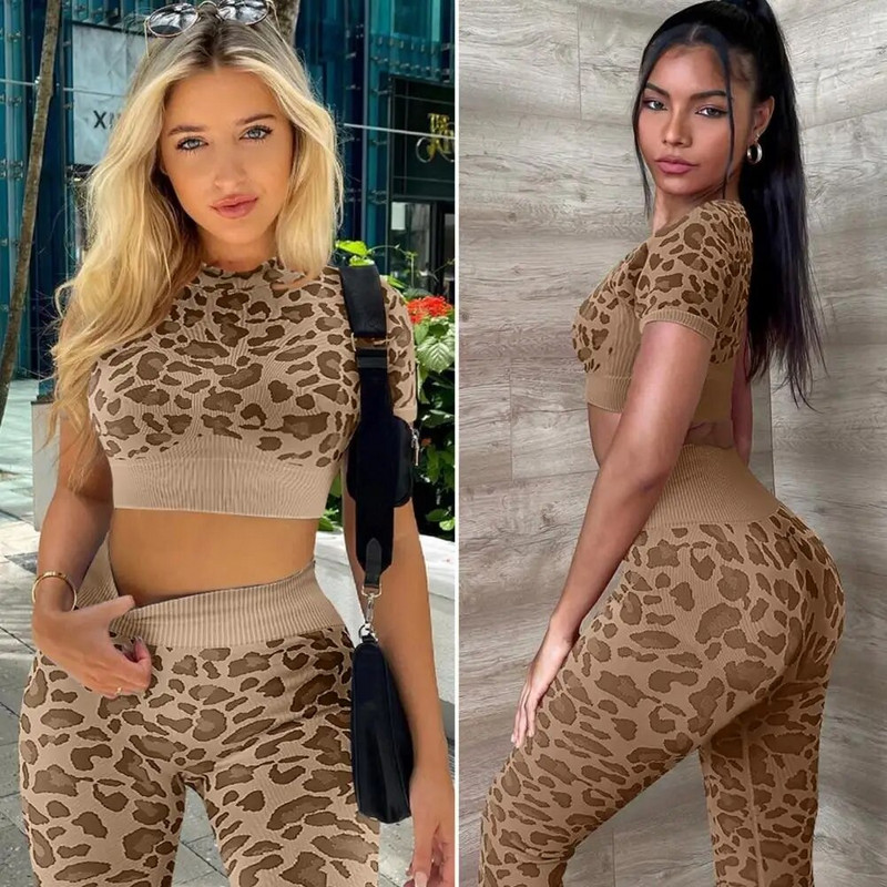 Costum de yoga fără cusături, costume de fitness pentru femei, cu imprimeu leopard, cu mânecă scurtă, pantaloni strânși, cu ridicare la șold, set de yoga pentru femei, costume sport