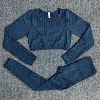 Set de gimnastică fără cusături, 2 bucăți, haine de antrenament pentru femei, cu mânecă lungă, cămașă crop top, cu compresie, jambiere de fitness, costume de yoga sport