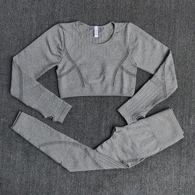 Set de gimnastică fără cusături, 2 bucăți, haine de antrenament pentru femei, cu mânecă lungă, cămașă crop top, cu compresie, jambiere de fitness, costume de yoga sport