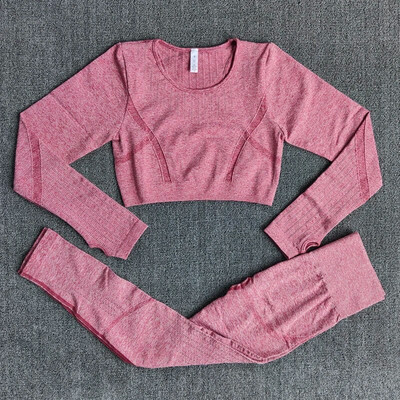 Set de gimnastică fără cusături, 2 bucăți, haine de antrenament pentru femei, cu mânecă lungă, cămașă crop top, cu compresie, jambiere de fitness, costume de yoga sport