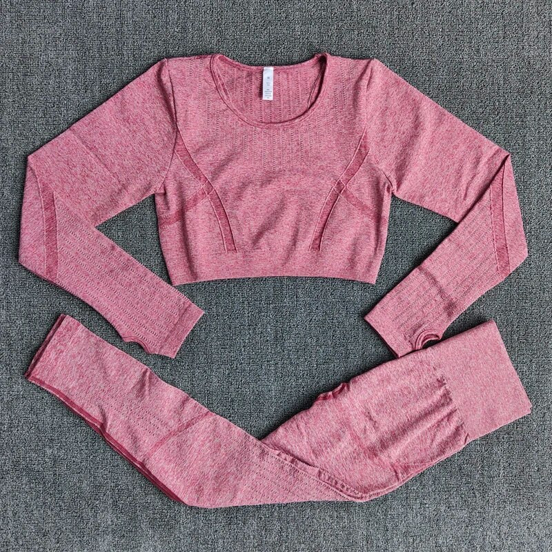 Set de gimnastică fără cusături, 2 bucăți, haine de antrenament pentru femei, cu mânecă lungă, cămașă crop top, cu compresie, jambiere de fitness, costume de yoga sport