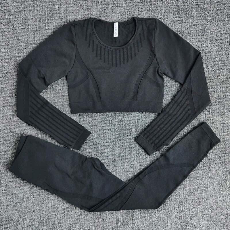 Set de gimnastică fără cusături, 2 bucăți, haine de antrenament pentru femei, cu mânecă lungă, cămașă crop top, cu compresie, jambiere de fitness, costume de yoga sport