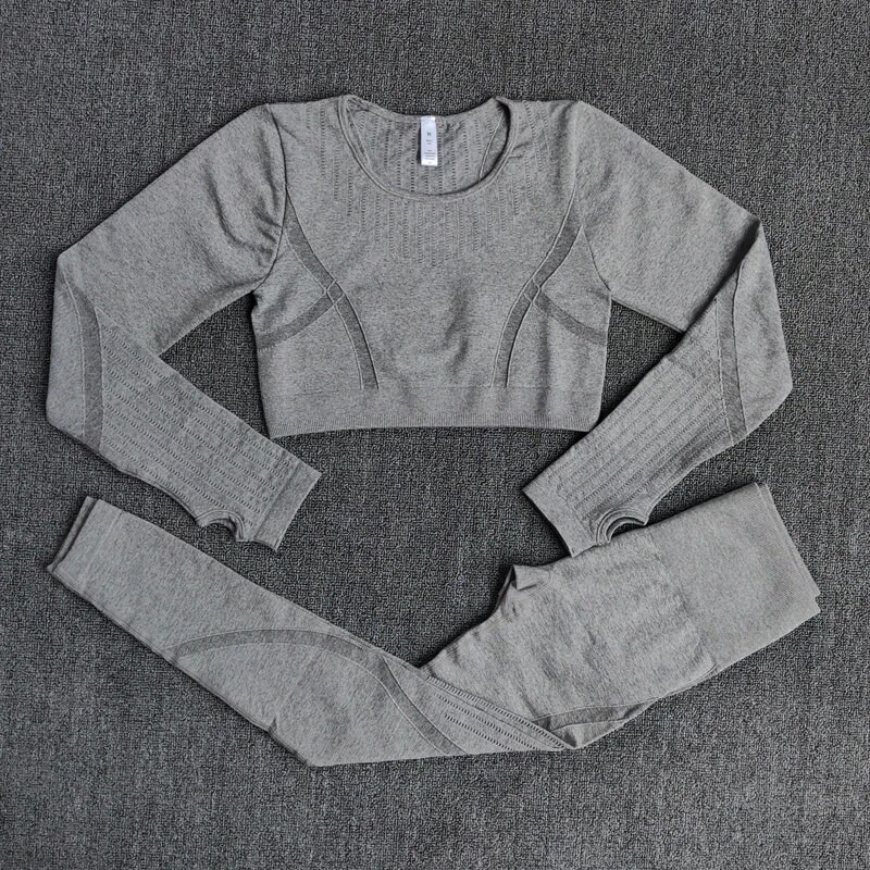 Set de gimnastică fără cusături, 2 bucăți, haine de antrenament pentru femei, cu mânecă lungă, cămașă crop top, cu compresie, jambiere de fitness, costume de yoga sport