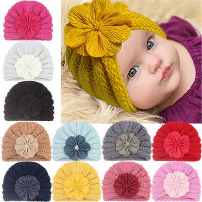 Модни шапки с цветя за бебета Меки плетени вълнени шапки Бебешка шапка с тюрбан