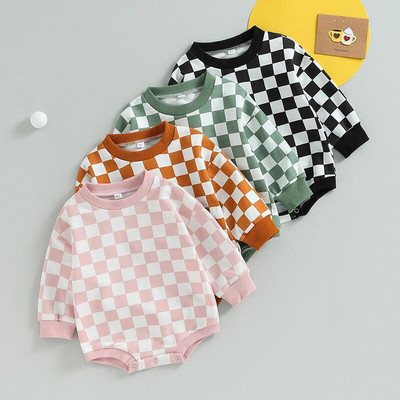 2023-06-06 Lioraitiin 0-24M Infant Baby Boy Girl Fall Sweatshirt Bodysuit Checkerboard Print Long Sleeve Newborn Jumpsuit