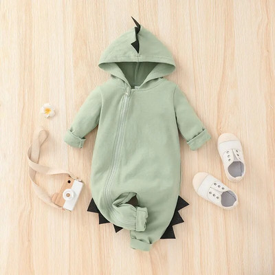 Newborn Baby Clothes Solid Color Hooded Zipper Jumpsuit Rompers Newborn Baby Boys Girls Cartoon Dinosaur Costume