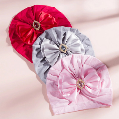 2021 Fashion Newborn Baby Girls Boys Turban Cap 10 Colors Simple Shiny Solid Color Big Bowknot Beanie Hat