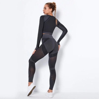 Xlwsbcr Set de yoga fără cusături scobiți ținute sport femei crop negru sutien jambiere antrenament costum sală fitness seturi sport