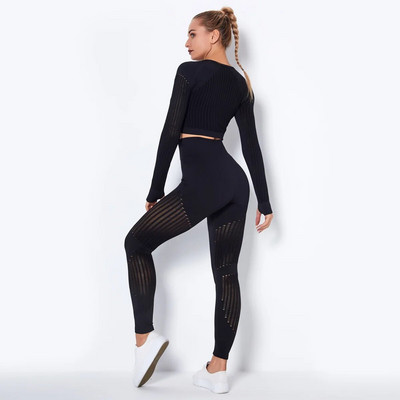 Xlwsbcr Set de yoga fără cusături scobiți ținute sport femei crop negru sutien jambiere antrenament costum sală fitness seturi sport