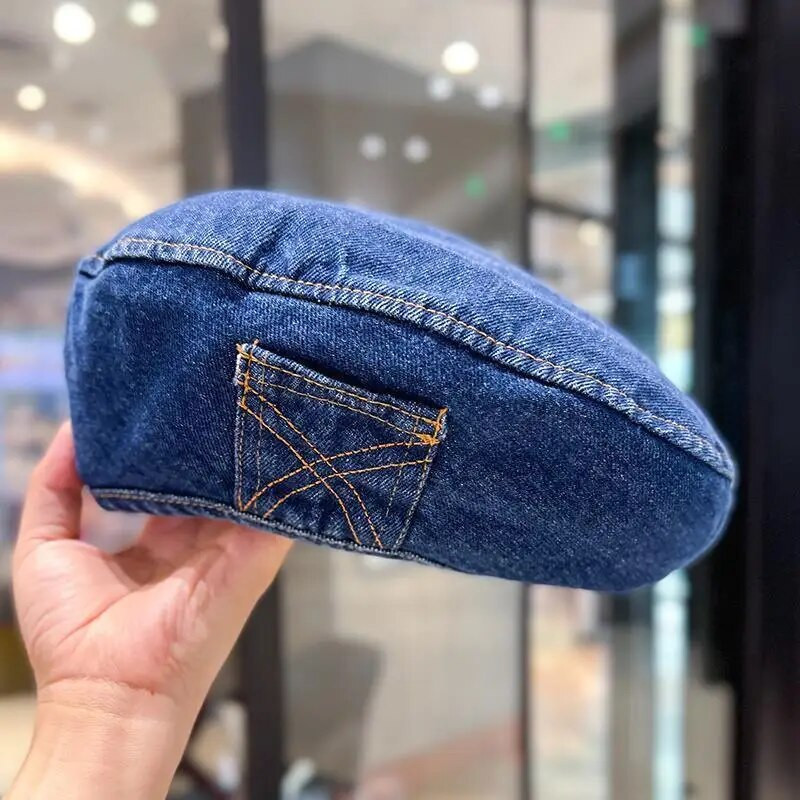 2023 Berete din denim retro pălărie ocazional toamnă umbră pictor șapcă coreeană culoare uni octogonale pălării de pictor pentru femei