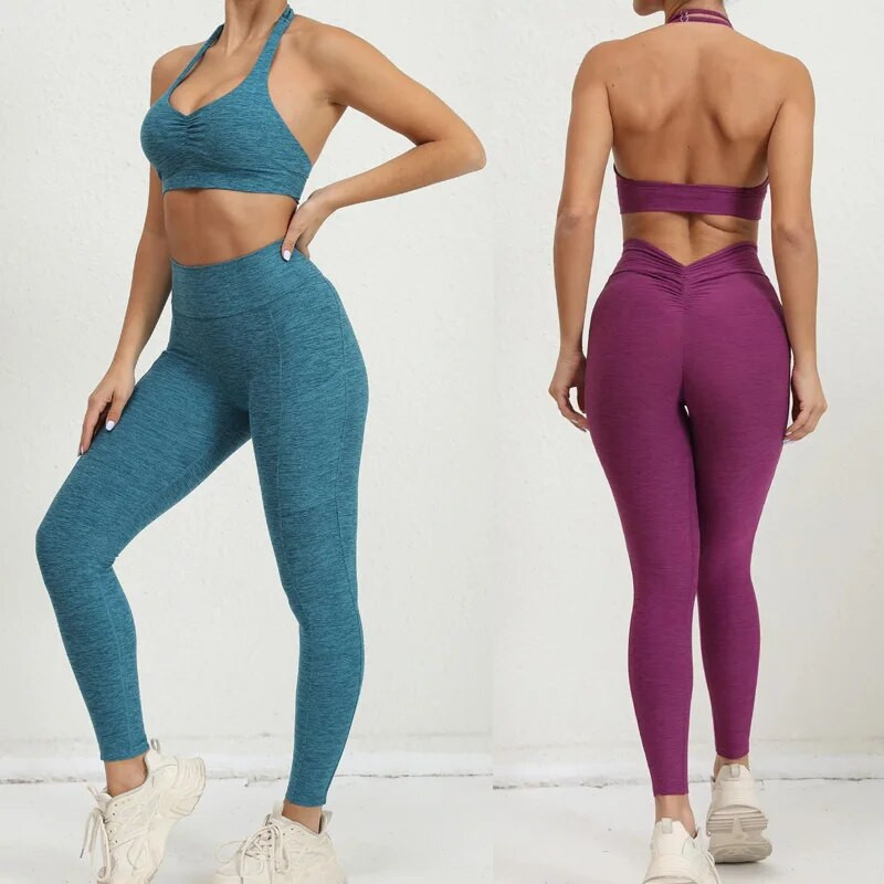 Ženski dvodijelni podesivi halter sportski set za jogu, tajice visokog struka, odjeća za vježbanje za žene Odijelo za fitness Sportska odjeća