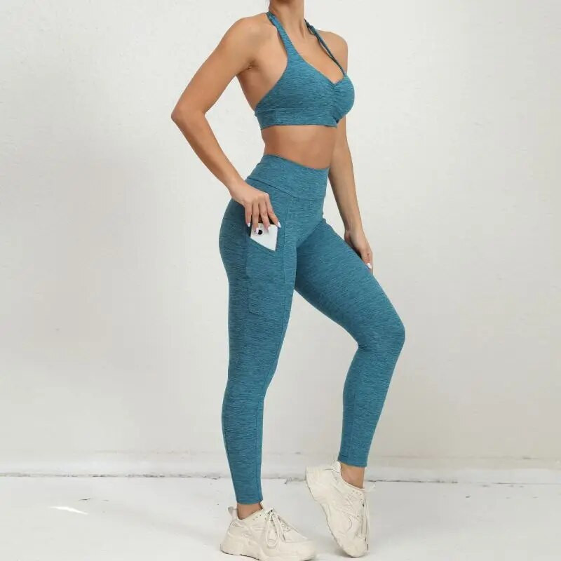 Ženski dvodijelni podesivi halter sportski set za jogu, tajice visokog struka, odjeća za vježbanje za žene Odijelo za fitness Sportska odjeća
