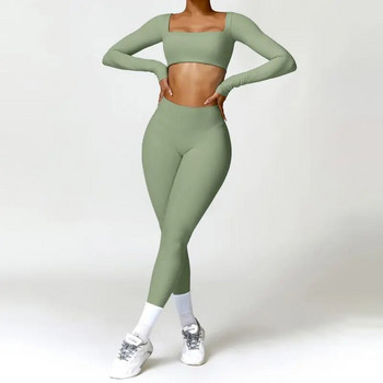 Дишащ спортен костюм за йога от две части Бързосъхнеща екипировка Фитнес комплект за фитнес Тренировъчни дрехи за жени Спортно облекло Дамски костюм Клинове