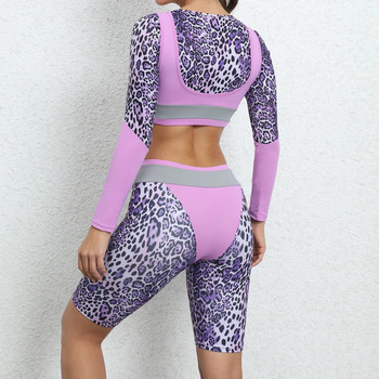 Yoga Suit for Fitness Σετ γυμναστηρίου δύο τεμαχίων Γυναικεία ρούχα Leopard αθλητικά ρούχα γυμναστικής για γυναίκες Σετ σορτς ποδηλασίας ποδηλασίας