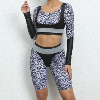 Costum de yoga pentru fitness Seturi de gimnastică din două piese Ținute pentru femei Tenue sport leopard Haine de antrenament pentru femei Set pantaloni scurți pentru ciclism