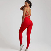 Jedna boja Gym Fitness Yoga Set Legging Back Cross Sport Grudnjak Top 2pc Odijelo Comprehensive Training Jog Ženski izrezana kravata Okrugli ovratnik