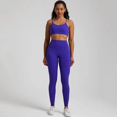 Jedna boja Gym Fitness Yoga Set Legging Back Cross Sport Grudnjak Top 2pc Odijelo Comprehensive Training Jog Ženski izrezana kravata Okrugli ovratnik