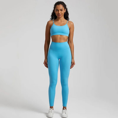 Jedna boja Gym Fitness Yoga Set Legging Back Cross Sport Grudnjak Top 2pc Odijelo Comprehensive Training Jog Ženski izrezana kravata Okrugli ovratnik