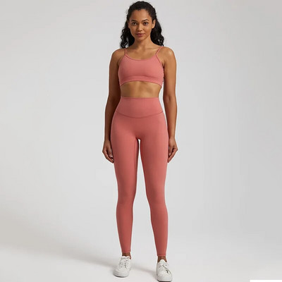 Jedna boja Gym Fitness Yoga Set Legging Back Cross Sport Grudnjak Top 2pc Odijelo Comprehensive Training Jog Ženski izrezana kravata Okrugli ovratnik