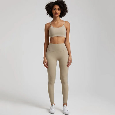 Jedna boja Gym Fitness Yoga Set Legging Back Cross Sport Grudnjak Top 2pc Odijelo Comprehensive Training Jog Ženski izrezana kravata Okrugli ovratnik
