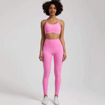 Jedna boja Gym Fitness Yoga Set Legging Back Cross Sport Grudnjak Top 2pc Odijelo Comprehensive Training Jog Ženski izrezana kravata Okrugli ovratnik