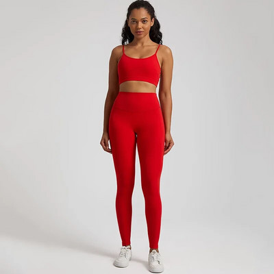 Jedna boja Gym Fitness Yoga Set Legging Back Cross Sport Grudnjak Top 2pc Odijelo Comprehensive Training Jog Ženski izrezana kravata Okrugli ovratnik