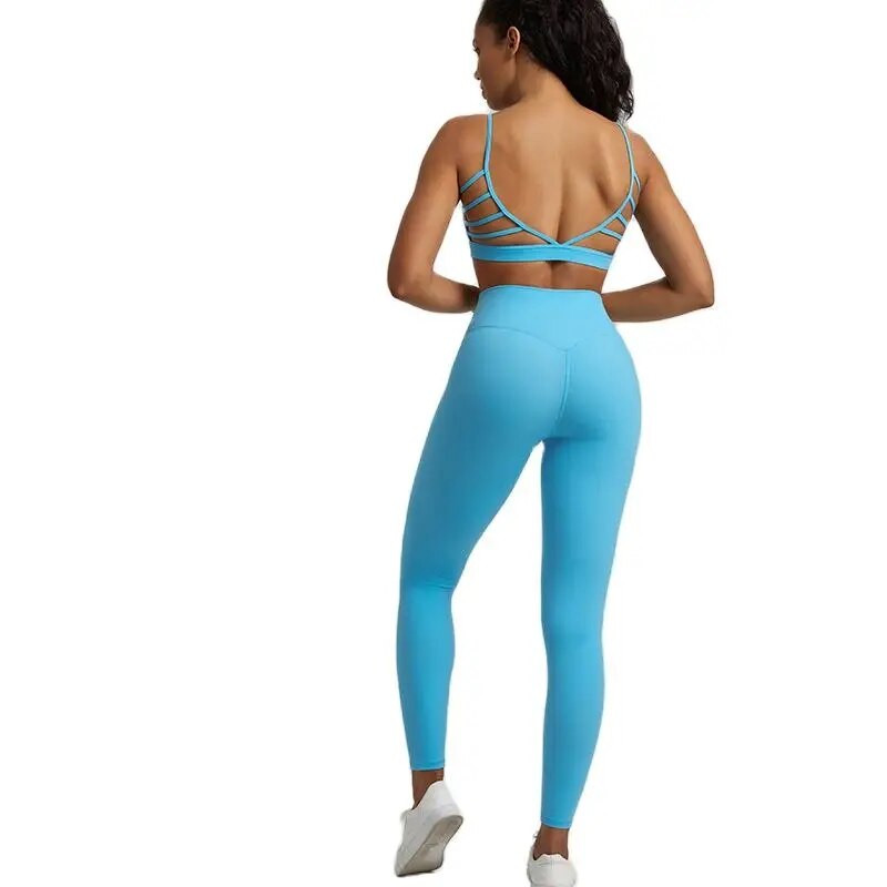 Jedna boja Gym Fitness Yoga Set Legging Back Cross Sport Grudnjak Top 2pc Odijelo Comprehensive Training Jog Ženski izrezana kravata Okrugli ovratnik