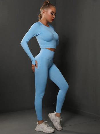 2 бр. Комплекти за йога Energy Seamless Gym костюми Бедра Push Up Комплекти за бягане Ризи с дълъг ръкав Анцуг Панталони с висока талия Дамски спортен комплект