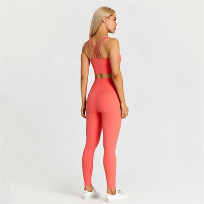 Sutien și jambiere de fitness pentru femei de culoare solidă Set de yoga moale de 2 buc. Lenjerie de gimnastică cu spate încrucișat Top costum sport antrenament antrenament îmbrăcăminte sport