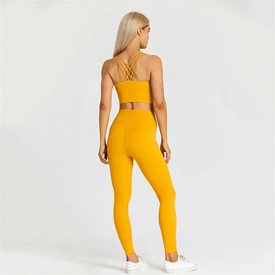 Sutien și jambiere de fitness pentru femei de culoare solidă Set de yoga moale de 2 buc. Lenjerie de gimnastică cu spate încrucișat Top costum sport antrenament antrenament îmbrăcăminte sport