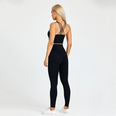 Sutien și jambiere de fitness pentru femei de culoare solidă Set de yoga moale de 2 buc. Lenjerie de gimnastică cu spate încrucișat Top costum sport antrenament antrenament îmbrăcăminte sport