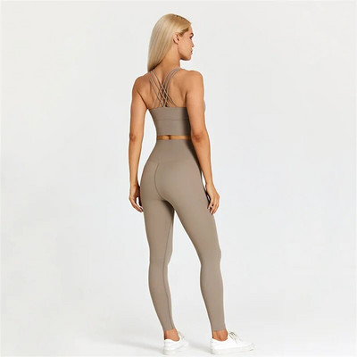 Sutien și jambiere de fitness pentru femei de culoare solidă Set de yoga moale de 2 buc. Lenjerie de gimnastică cu spate încrucișat Top costum sport antrenament antrenament îmbrăcăminte sport