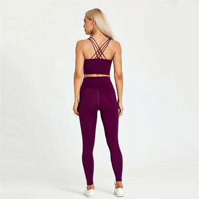 Sutien și jambiere de fitness pentru femei de culoare solidă Set de yoga moale de 2 buc. Lenjerie de gimnastică cu spate încrucișat Top costum sport antrenament antrenament îmbrăcăminte sport