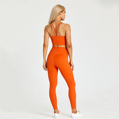 Sutien și jambiere de fitness pentru femei de culoare solidă Set de yoga moale de 2 buc. Lenjerie de gimnastică cu spate încrucișat Top costum sport antrenament antrenament îmbrăcăminte sport