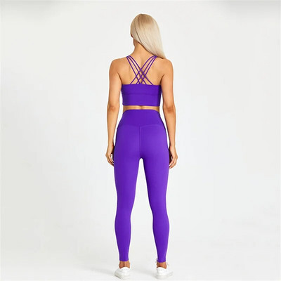 Sutien și jambiere de fitness pentru femei de culoare solidă Set de yoga moale de 2 buc. Lenjerie de gimnastică cu spate încrucișat Top costum sport antrenament antrenament îmbrăcăminte sport