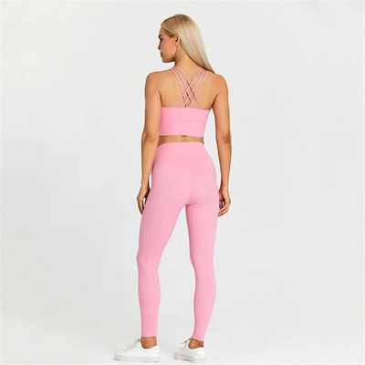 Sutien și jambiere de fitness pentru femei de culoare solidă Set de yoga moale de 2 buc. Lenjerie de gimnastică cu spate încrucișat Top costum sport antrenament antrenament îmbrăcăminte sport