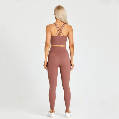 Sutien și jambiere de fitness pentru femei de culoare solidă Set de yoga moale de 2 buc. Lenjerie de gimnastică cu spate încrucișat Top costum sport antrenament antrenament îmbrăcăminte sport
