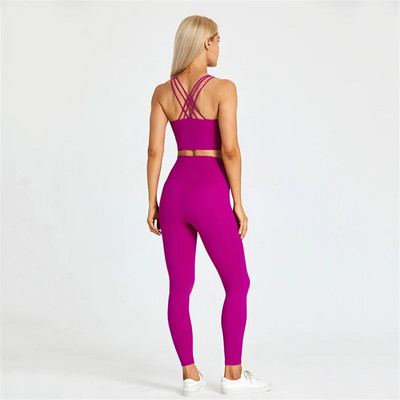 Sutien și jambiere de fitness pentru femei de culoare solidă Set de yoga moale de 2 buc. Lenjerie de gimnastică cu spate încrucișat Top costum sport antrenament antrenament îmbrăcăminte sport