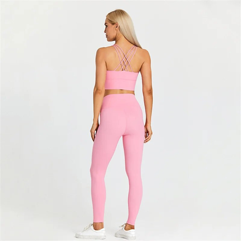 Sutien și jambiere de fitness pentru femei de culoare solidă Set de yoga moale de 2 buc. Lenjerie de gimnastică cu spate încrucișat Top costum sport antrenament antrenament îmbrăcăminte sport
