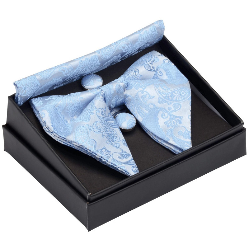GUSLESON Papion mare Paisley pentru bărbați, albastru, roșu, galben, papion, set de butoni de buzunar, cu cutie cadou, cravată de nuntă din mătase pentru bărbați